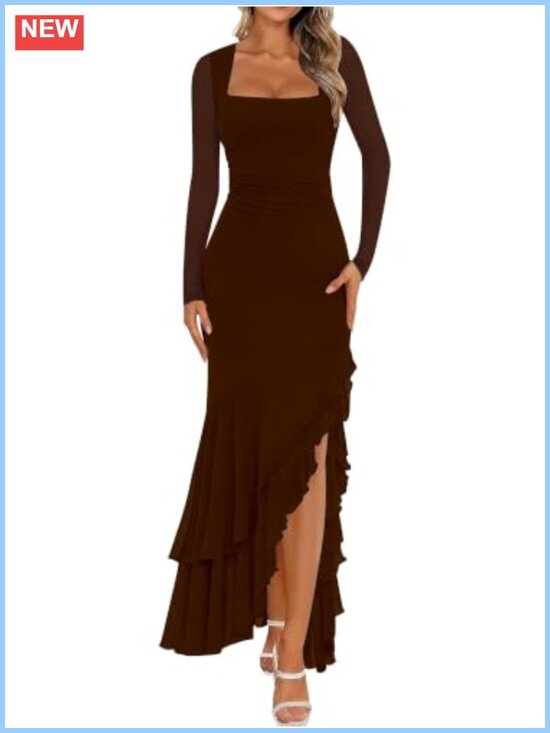 Dresses & Skirts - Women's Bodycon Maxi Dress Long Sleeve Square Neck High Slit Party Cocktail